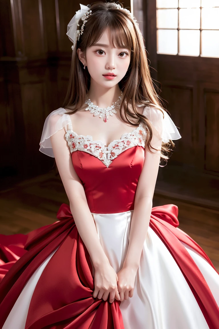 1girl,baiyi,large breast,Blue lips,smile,ponytail,realistic, 1 girl, indonesian girl, 23 years old, (black hair super-long 1 meters), (very beautiful face, very sweet, sharp eyes like an angel from heaven ), (beautiful hair), actress, smile, shiny skin, best quality, masterpiece, (photorealistic:1.4), terrace seating, asian, indonesian, jakarta, denim long skirt (realistic fabric), white short sleeves (cotton fabric), (no logo), thin fingers, a woman in a red dress posing for a picture in a courtyard, a picture by Emma Andijewska, tumblr, tachisme, sexy gown, opened dress, wearing an elegant dress, fantasy long intricate gown, sexy dress, dressed beautiful gown, red gown, wearing a magnificent dress, dressed in red lace, translucent dress, extravagant dress, see through dress