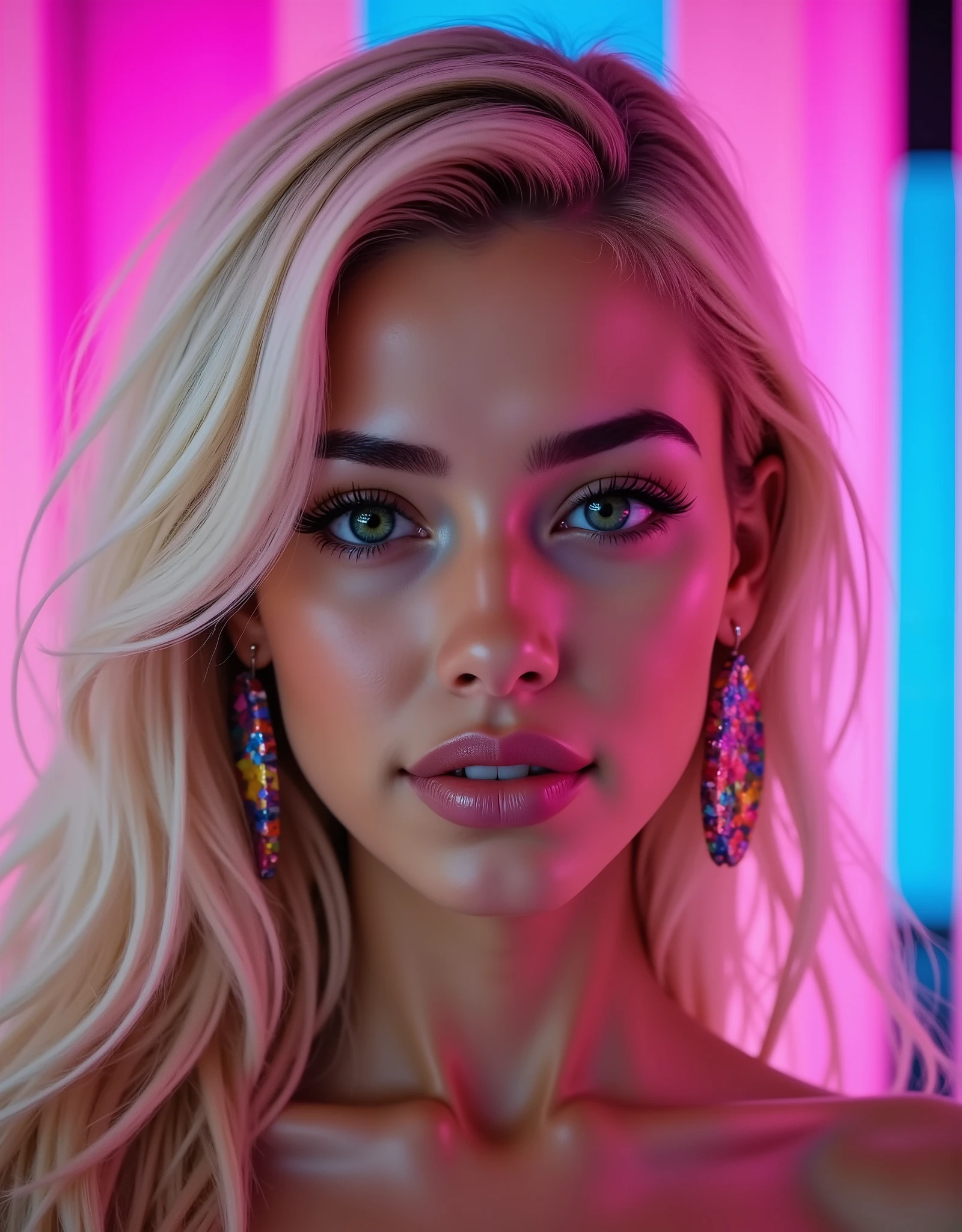 long blonde hair and striking green eyes. She is wearing a large  colorful earring and has a confident expression. The background is a vibrant  neon-lit setting with pink and blue lighting