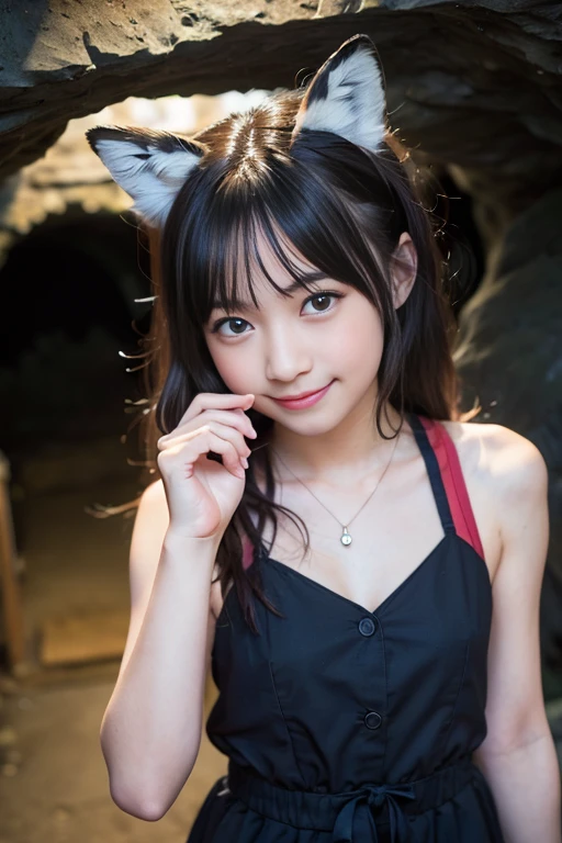 young japanese  female model, 20 years old, short height, bangs hairstyle, long brunette hair, blue eyes, 16k resolution, highly detailed, Hyperrealism, cinematic lighting, bokeh, masterpiece, UHD, textured skin, super detail, high details, high quality, award winning, best quality, highres, wearing black strappy lingerie, cat ear headband, kneeling pose, light smile, full body shot, 