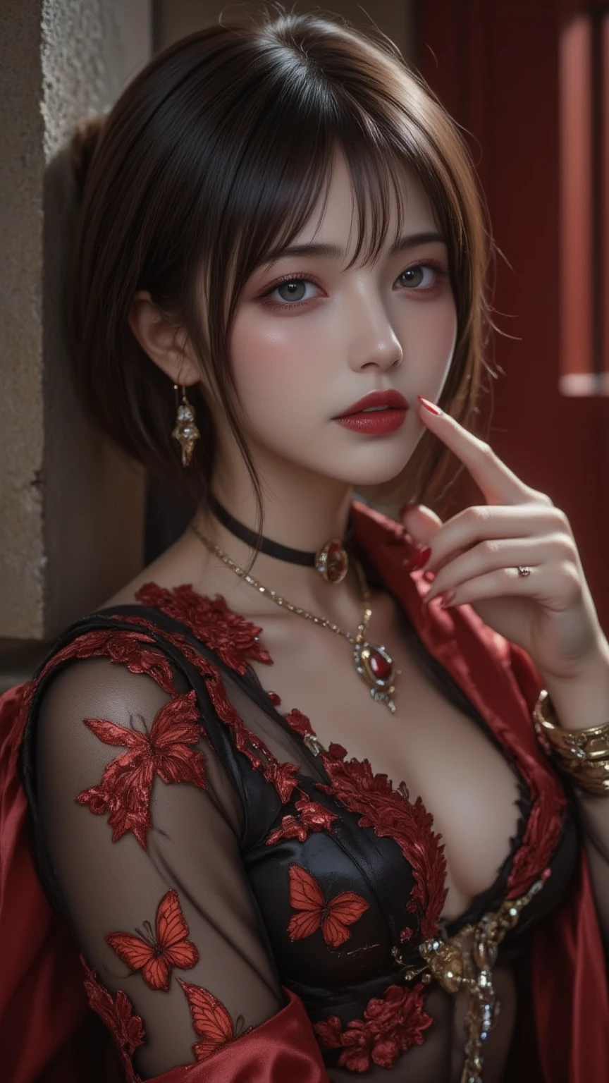 close up, (neon, night view, dutch angle, from above, strapless:1.3), masterpiece, best quality, raw photo, photorealistic, off shoulder, red lace dress, red choker, reddish purple eyes, updo, upper body, cleavage, facelight, shiny skin, film grain, chromatic aberration, absurdres, highres, ultra detailed, finely detail, detailed eyes and face, sharp pupils, realistic pupils, sharp focus
