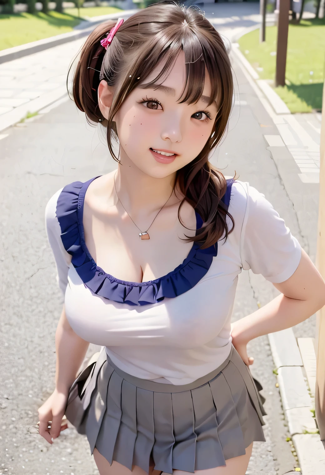 (Highest quality,masterpiece:1.3,Ultra-high resolution),(Very detailed、Caustics) (Realistic:1.4, RAW shooting、)Ultra-Realistic Capture、Very detailed、Natural skin texture、masterpiece、(A Japanese elementary school girl wearing a blouse and pleated skirt:1.3)、Adorable expression、Expressions of happiness、10 years old、height: 140cm、Baby Face、Pure girl、Amazingly cute、Twin tail hairstyle、Curly Hair、ribbon、Black Hair、Large Breasts、Shining thighs、Shining ass、necklace、Shade by the lake、Background details、smile、An inviting gaze、(Anatomically correct)、Cowboy Shot、Attention to detail、(Lift your breasts up with both hands:1.0)、