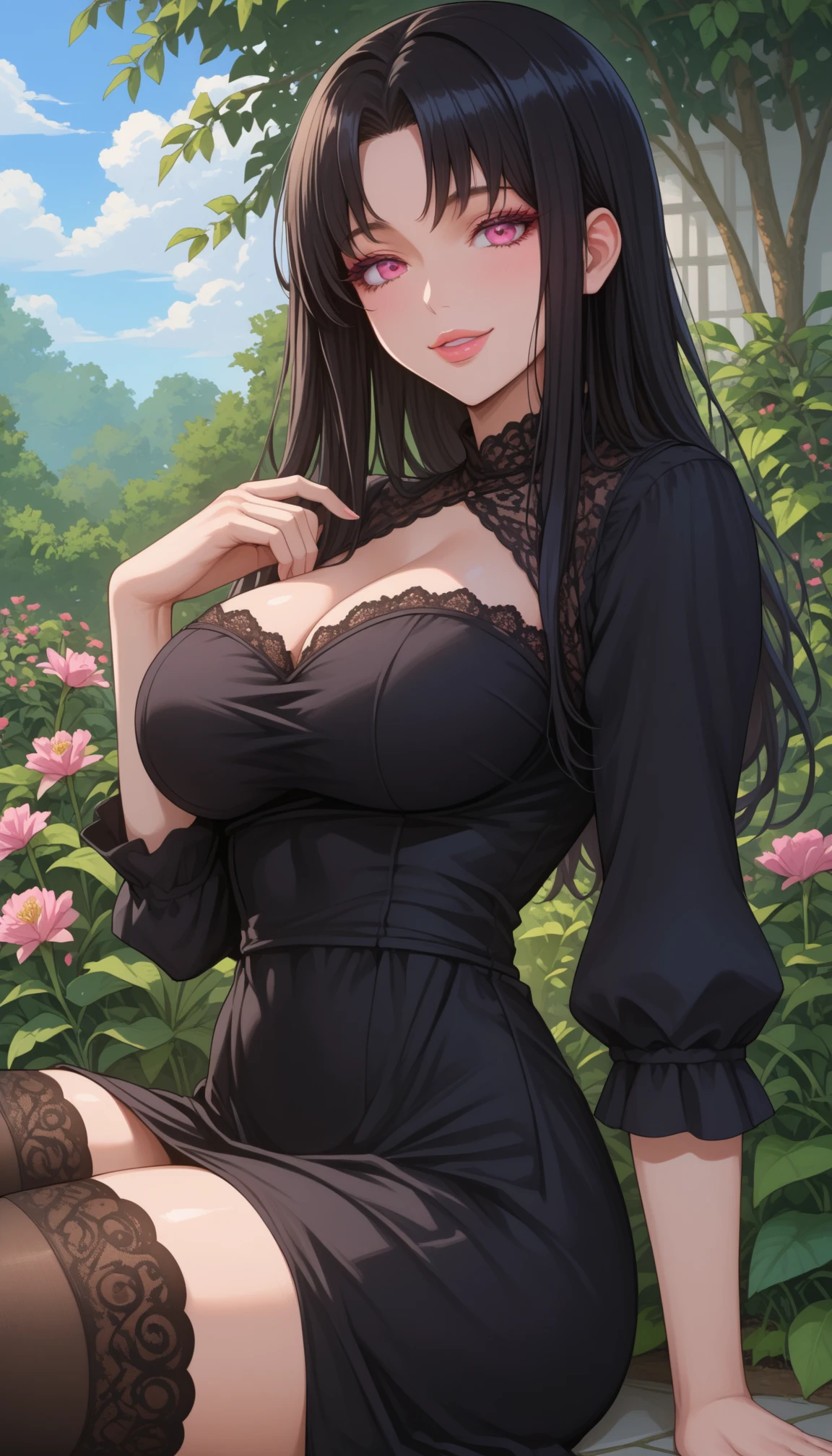 ((1 girl));((17 years old));((long black hair));((wears a simple peasant dress, from the times of the empires, composed and delicate));((her body is sculpted, provides medium breasts like the ass));((her white skin));((pink cheeks and lips));((detailed));((scenario :a sunflower field));((pose:sitting on a bench)) 