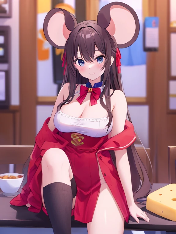 HighestQuali,The clearest,a sense of atmosphere,1girl huge large breasts,black har,smallbreast,Sit Pose, Q version,Wear a pig head cover,lovly,Holding a cute octopus doll --auto
