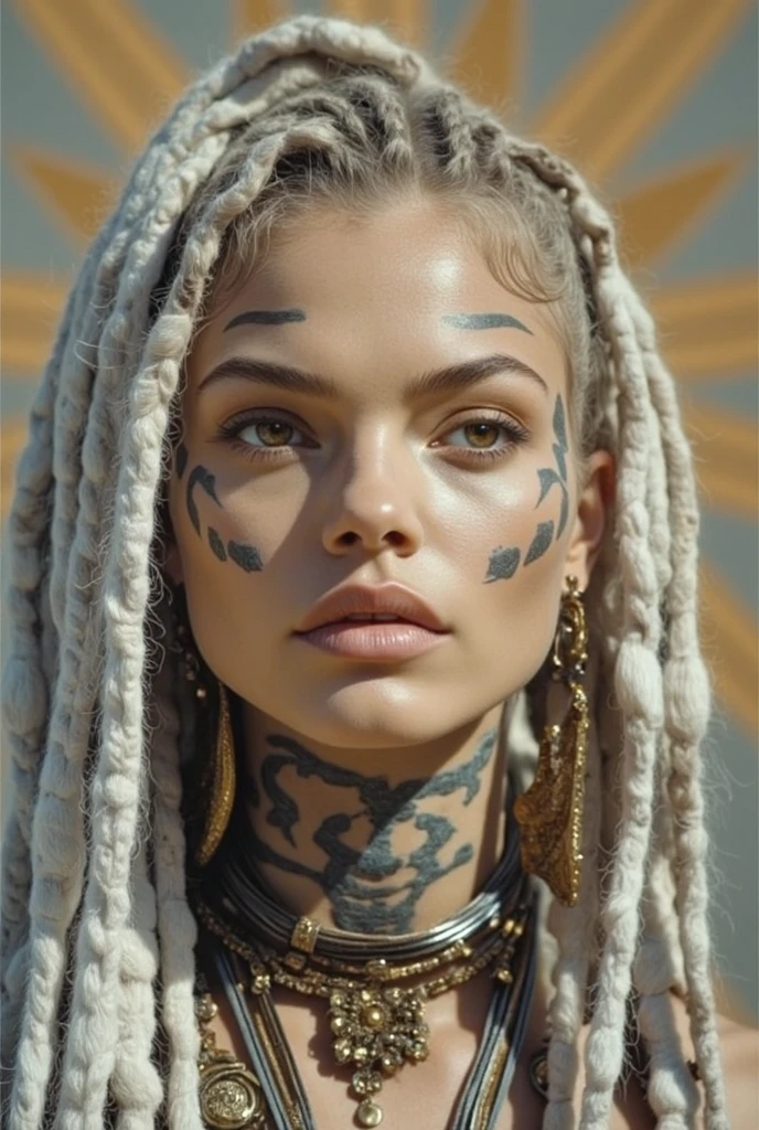arafed woman with dreads and tattoos standing in a river, dreads, long dreadlocks, white hair dreads, dreadlocks, nature goddess, blonde goddess, extremely detailed goddess shot, looks like fabiula nascimento, marischa becker, dreadlock hair, dread, tattooed, tattooed body, intricate body, with aqua rapunzel dreadlocks