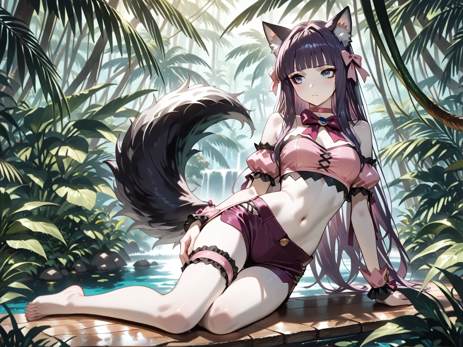 ((Masterpiece)), (Best Quality), Solo, miosha1, hair ornament, ponytail, wolf tail, swimsuit, white shorts, thigh strap, black jacket, leaf print, collar, string bikini, (NSFW:2.0)