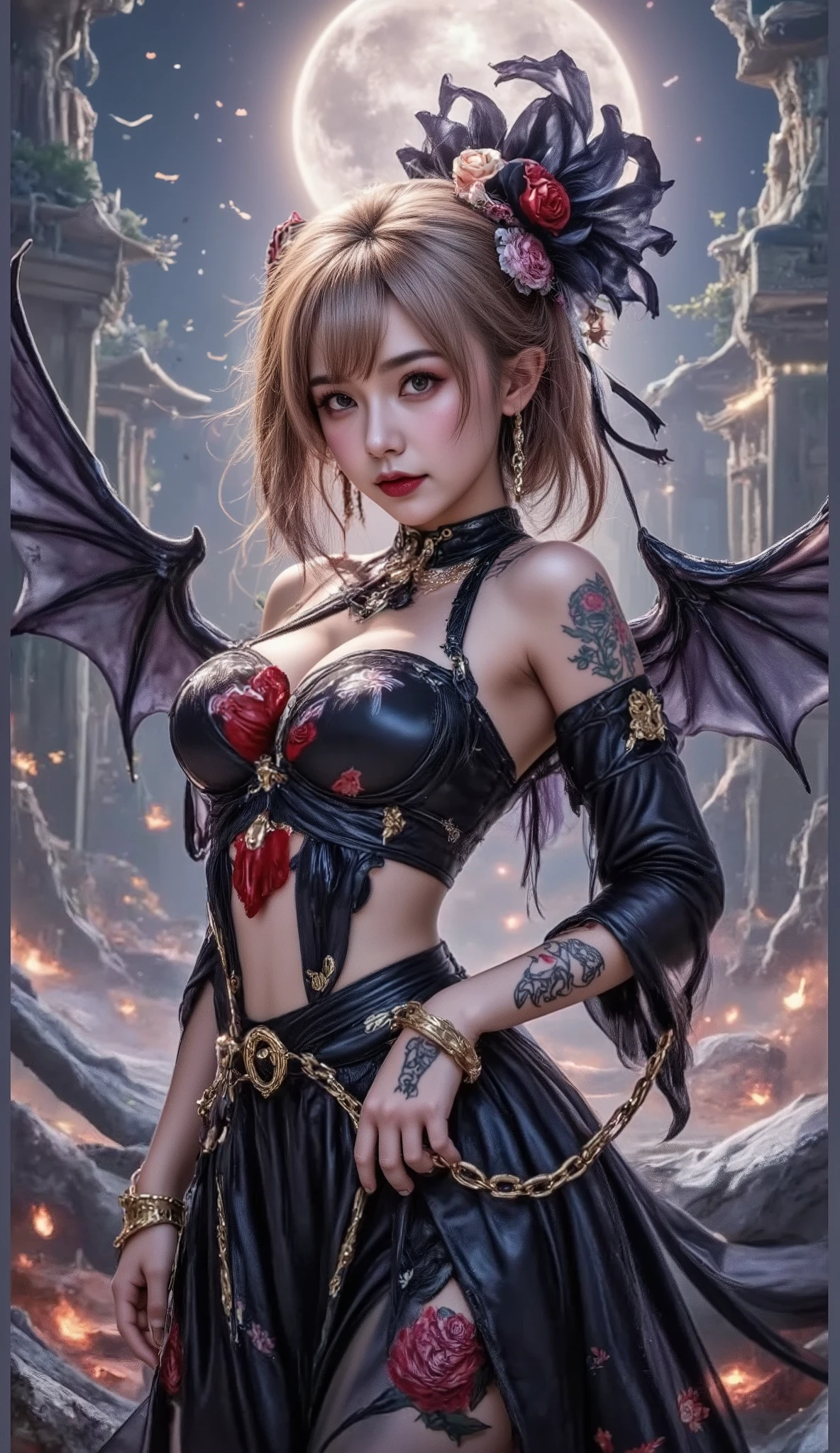 top quality、Excellent image quality、Masterpiece、 girls with (( 18 years old 、red clothes、red bra、 red dress 、 The most beautiful breasts 、Bust 90 、short blond hair、purple eyes、Wide open chest、 valley 、 happiness、 Face mask 、Provocative behavior、evil face、handcuffed、high laughter、rose tattoo、Targeting your object、Tight blue hair column、Aura of darkness,Dark forces,red flames、chain accessories、golden wings、Golden nail care、silver whip、Carry vibration of darkness)) hiquality 、 Beautiful art 、 Background with ((Prison 、Dark impressions、night city, red sky 、Many bats、multiple chains 、dung nham、scarlet earth))、Masterpiece、Fancy design、 visualart 、dark art, whopping