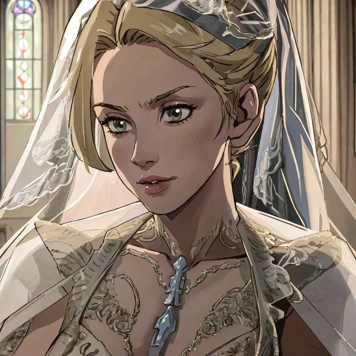 a beautiful blonde woman with elf ears and freckles, in a wedding dress