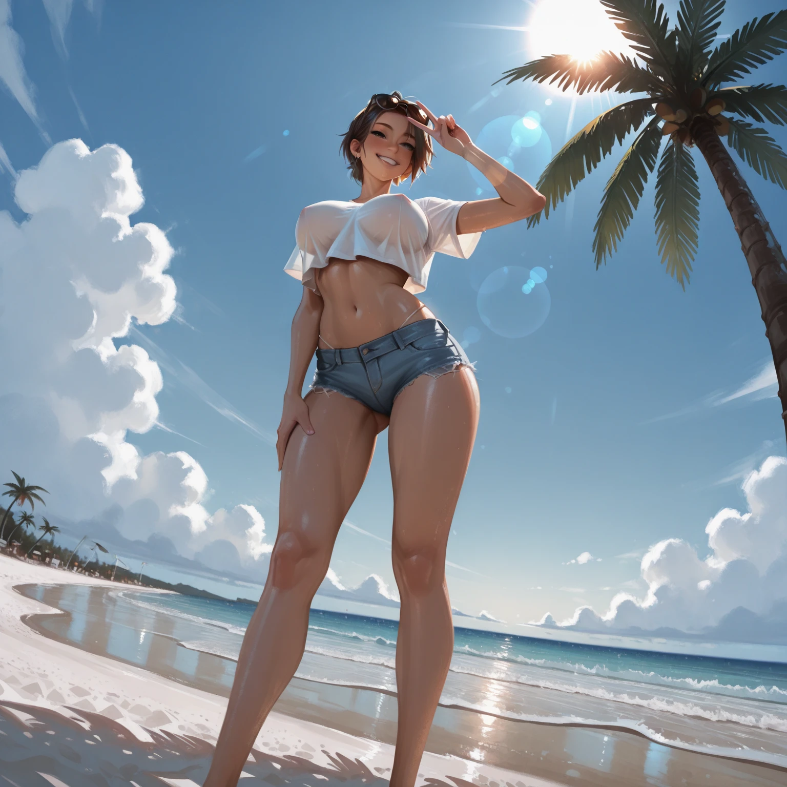 (masterpiece, best quality, 8k wallpaper, high resolution, ultra realistic), 1970s pop culture anime style,, one girl, 20 years old, afro-haired Japanese (masterpiece:1.2, best quality), (realistic, photorealistic:1.4),"(masterpiece, best quality), afro hair, looking at viewer, wearing sunglasses, swimsuit, cleavage, D cup, sexy pose, dynamic pose, full body, white skin, black hair, looking forward, laughing, psychedelic, 1970s sunglasses,