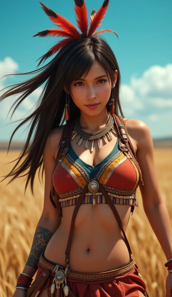 (16K, Highest quality:1.2)、masterpiece, ((Very beautiful Native American woman)),((Native American female warrior))、warrior outfit、(((Big Breasts)))、(((Cleavage)))、logic質な体、logic、 Traditional Costume, Sharp focus,, High resolution, (Skin Texture:1.1), Highest quality, 超High resolution, (Realistic: 1.4), RAW Photos, Ultra-realistic, Asahi, Mountain, The background is the Grand Canyon、Has a bow、Traditional clothing that covers the chest、((Feather hair ornament))、Feather ornament、Traditional Costume,　(Leather Breastplate)