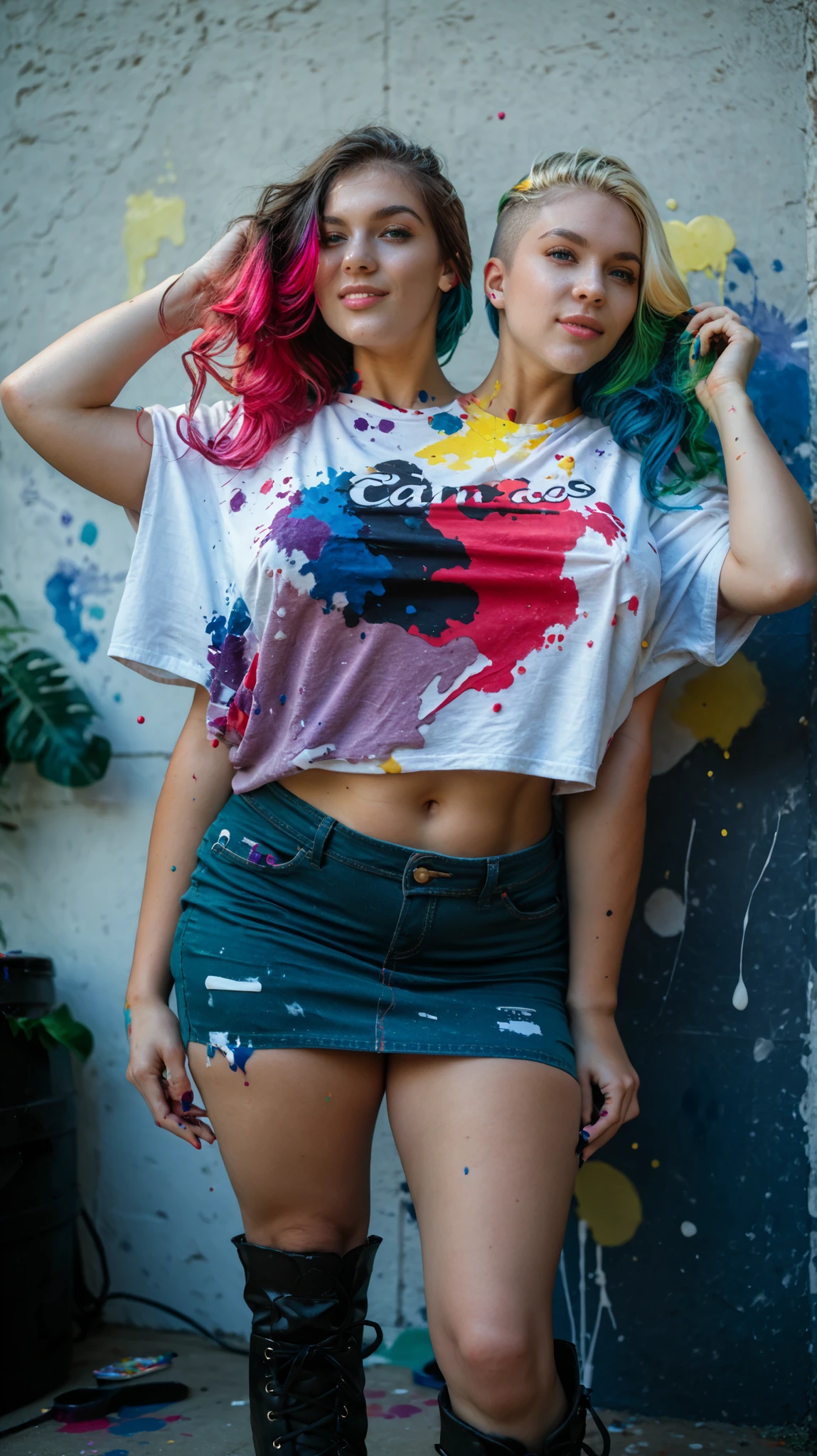 tall conjoined young women with two heads, two heads on one body, artist, one head short blond hair, one head long dyed hair with rainbow highlights, paint splattered t-shirt, army boots, full length side-slip denim pencil skirt