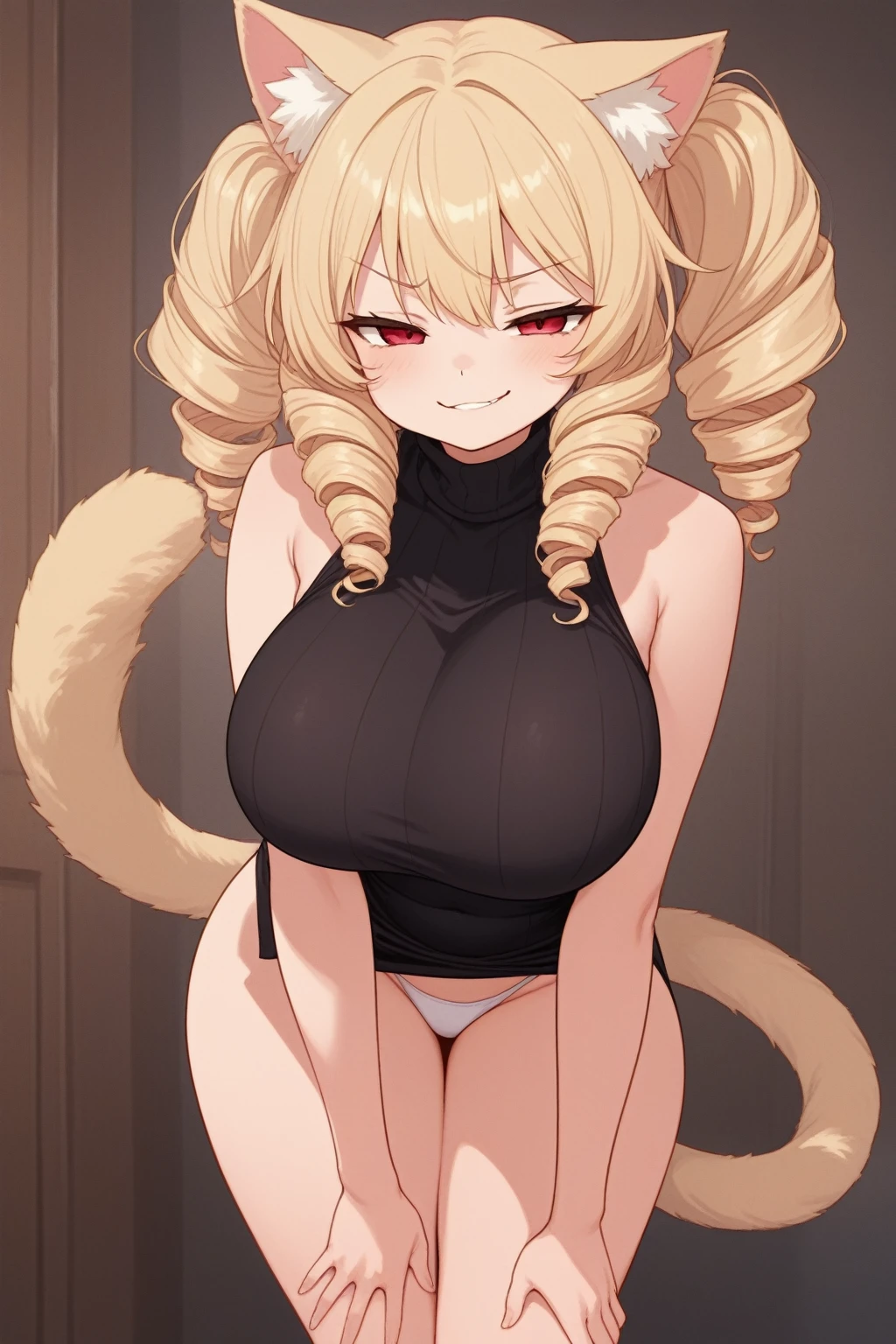 a cartoonish image of a tall female with gigantic breasts standing on a stand, 1girl, breasts, tail, animal ears, blonde hair, green eyes, solo, long hair, cleavage, wooden floor, gigantic breasts, cat ears, cat tail, barefoot, bangs, white camisole, Short stature, nsfw