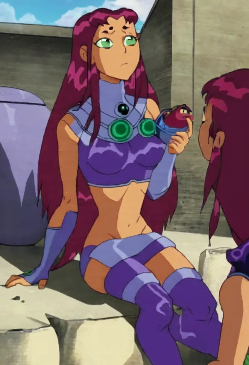 high resolution, teen titans, Starfire, anime, obra de arte, 1 garota, ((boba))), Rosto sorridente, olhos verdes, longos cabelos ruivos, thick lips, quadris largos, coxa grossa, seios enormes, enorme bunda redonda, pele brilhante, pele oleosa, purple bikini, ???????, fechar-se, curvando-se, decote revelador, futa
