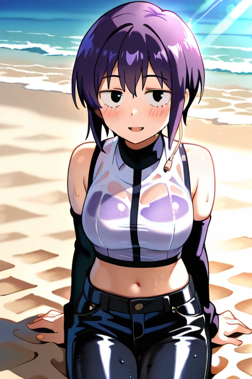 mature female, mature, Adult, himeno, himeno(Chainsaw Man), 1girl, black hair, short hair, eyepatch, solo, seductive smile, grin, nsfw, Villains, Bending forward, Spread arms, Raise arms, chest, View your audience, Beach, lots of octopus tentacles, Smoke, night, Dark, latex purple leotard, dramatic angle, unique perspective, unique angle, masterpiece, Top animation quality,Top image quality,