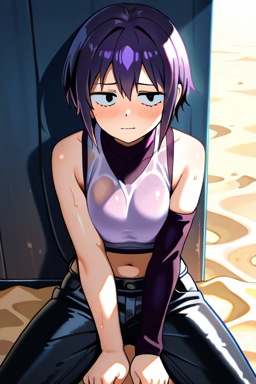 (highres,best_quality,anime_screencap),
(1girl, solo, hibiki_riou), black tank top, ((from bellow)), ((purple eyes)), (((white skin))), blue hair, (blush), shy, frown, close one eye, ((Sweat)), ((big breasts)), How to write a correction,masterpiece, highest quality, ((((hands tied behind)))), ((turn your arms behind your back)), concrete floor, concrete wall, undergroundで, underground, Seiza, wariza, open mouth, green pants, ((sitting on the floor)), (shiny hair:1.05), (shiny skin:0.97), (Big eyes:0.95)