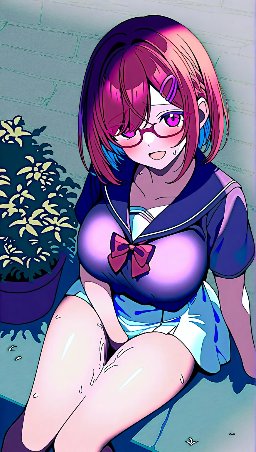(Masterpiece, Best Quality, High Resolution), (illustartion:1.0), 1girl, The woman, mature female, Twilight Sparkle, adult body, purple-pink hair, black rectangular glasses, Bun Hair, Average Breasts, naked body, naked ass, Female genitals, Squatting, Detail Eyes, Purple eyes, science lab, White lab coat on naked body, A big smile, Bukkake, sperm, covered in sperm