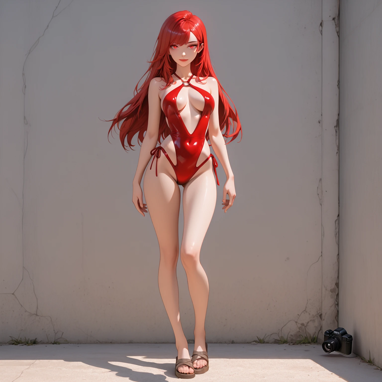 1woman, long orange hair, blue eyes, bikini, standing on ground, high res, ultra sharp, 8K, masterpiece