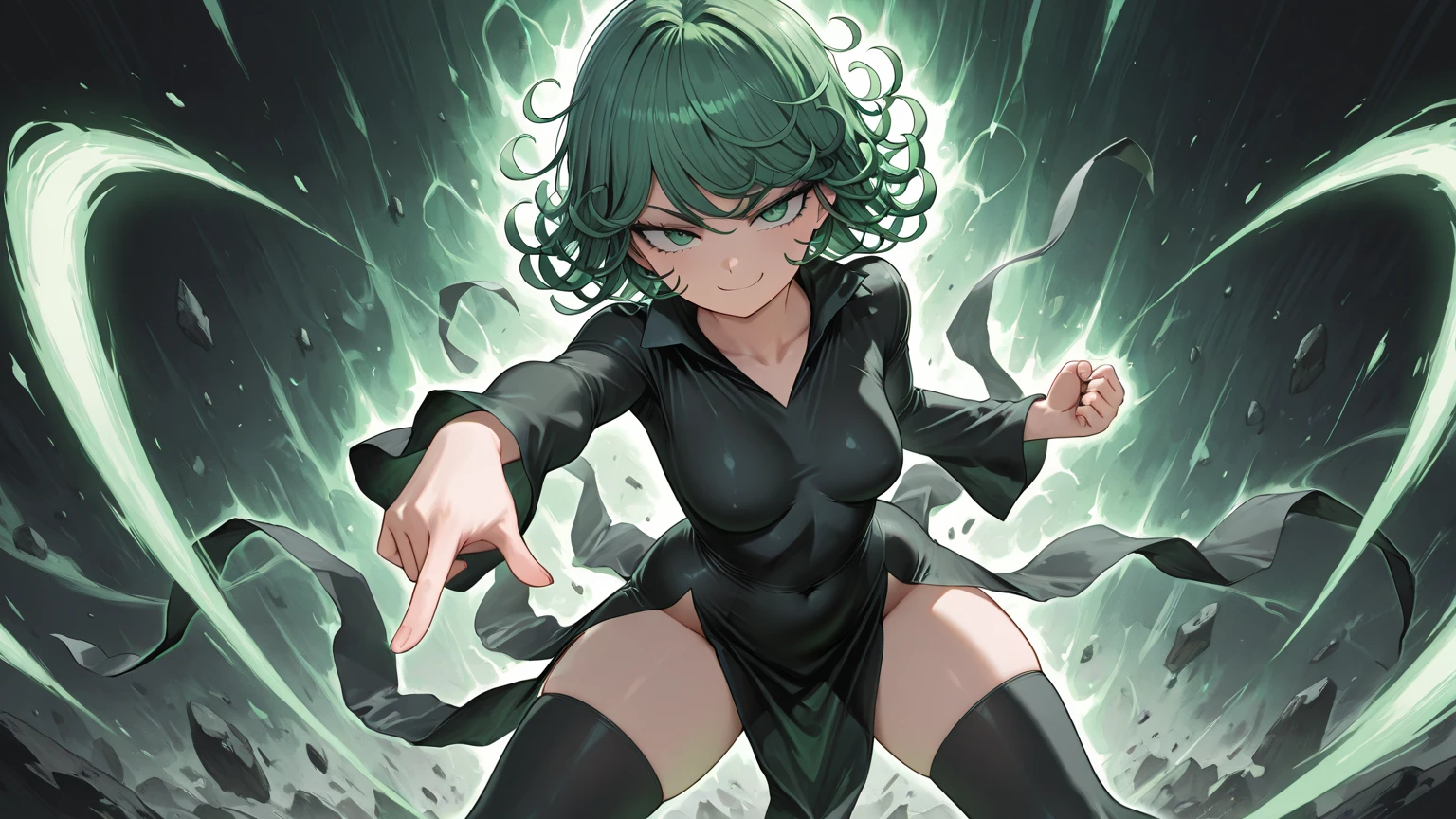 <lora:TGS[TheGoofySmurf]:1>, 1girl, tatsumaki, green hair, green eyes, dress, solo, black dress, breasts, small breasts, thighs, curly hair, telekinesis, covered navel, looking at viewer, short hair, hand on hip, aura, floating, long sleeves, thick thighs, wide hips, glowing, pelvic curtain, green aura