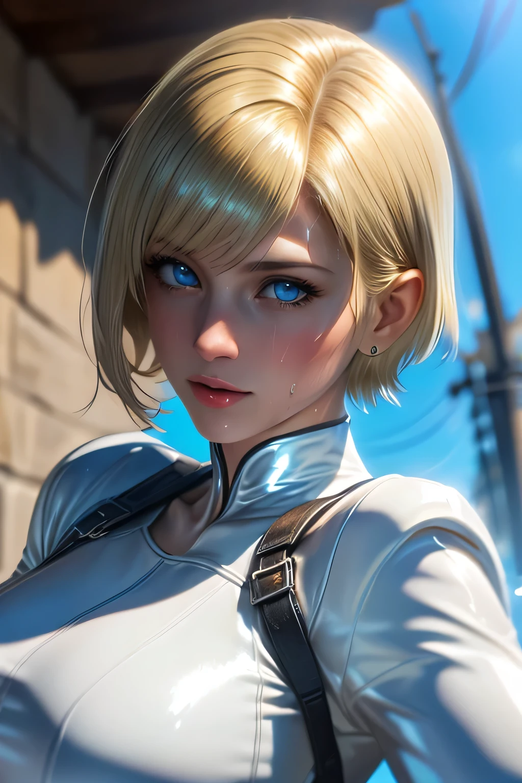 Resident Evil 6,Shelley,Short Hair,Blonde Hair,White hoodie,Cold protection,neck warmer,Photorealistic,Ultra HD,high quality,masterpiece,Digital SLR,Detailed details,Intricate details,Anatomical basis,Depicted in detail,A detailed face,Realistic skin texture,Vivid details,Perfect ,Perfect ,Anatomically correct hand,Anatomically correct fingers,Super Detail,Complex 3D rendering, pose,Rainy Sky,Beautiful scenery,Fantastic rainy sky,Picturesque,Pink Lips,smile,