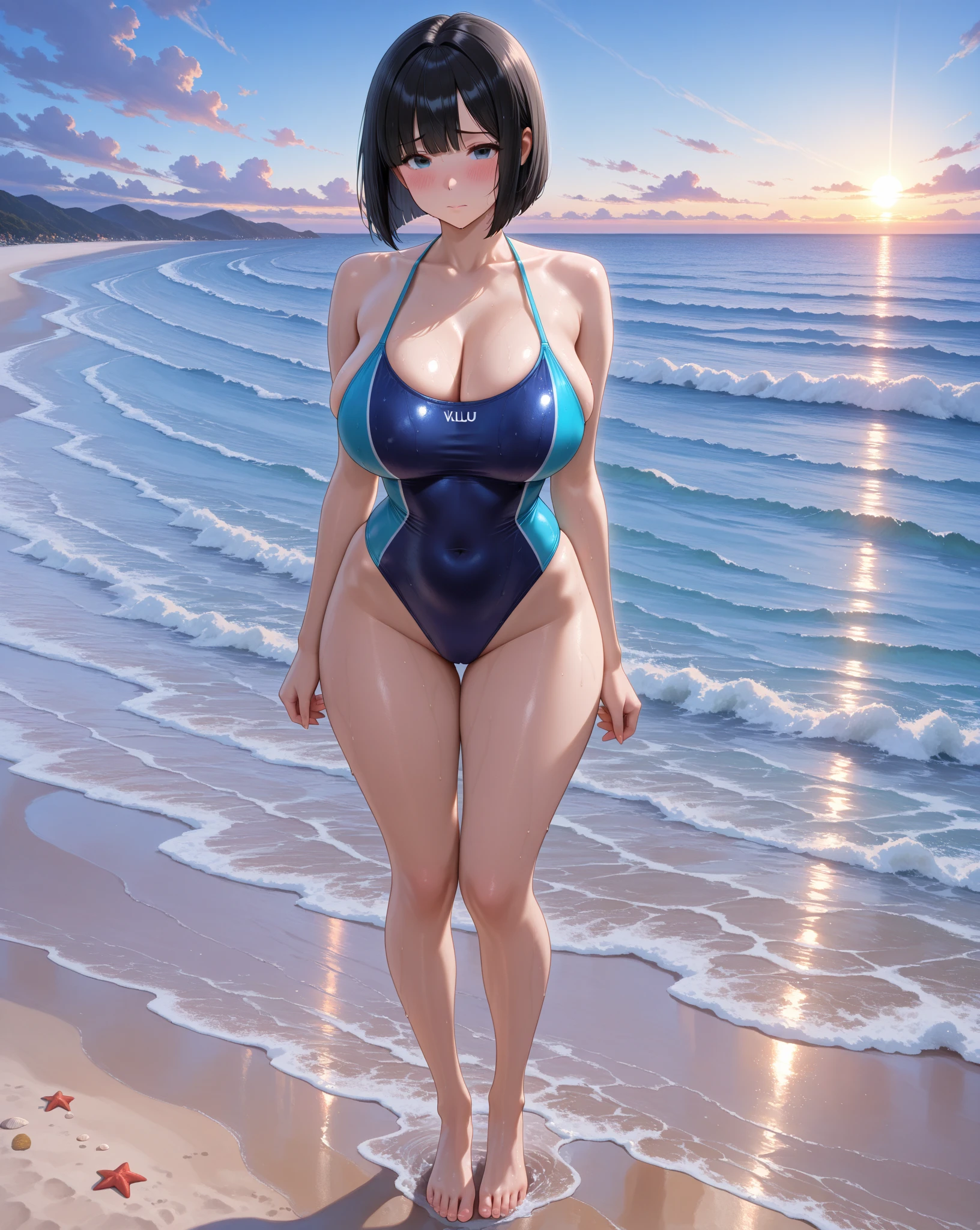 Anime Kawaii sexy Perfect Slim sensual body large breast and huge thighs, An intricate and highly detailed illustration of anime (Young girl) Highest quality、masterpiece、(1 adult female:1.3)、(Soft bust:1.2)、nature 、Girl in competitive swimsuit,beautiful,smile,Pool,Tempting,((Looking at the audience)、Textured skin、(smile)、blush、(Blue summer sky:1.3),(Beautiful background of beach pool:1.3)