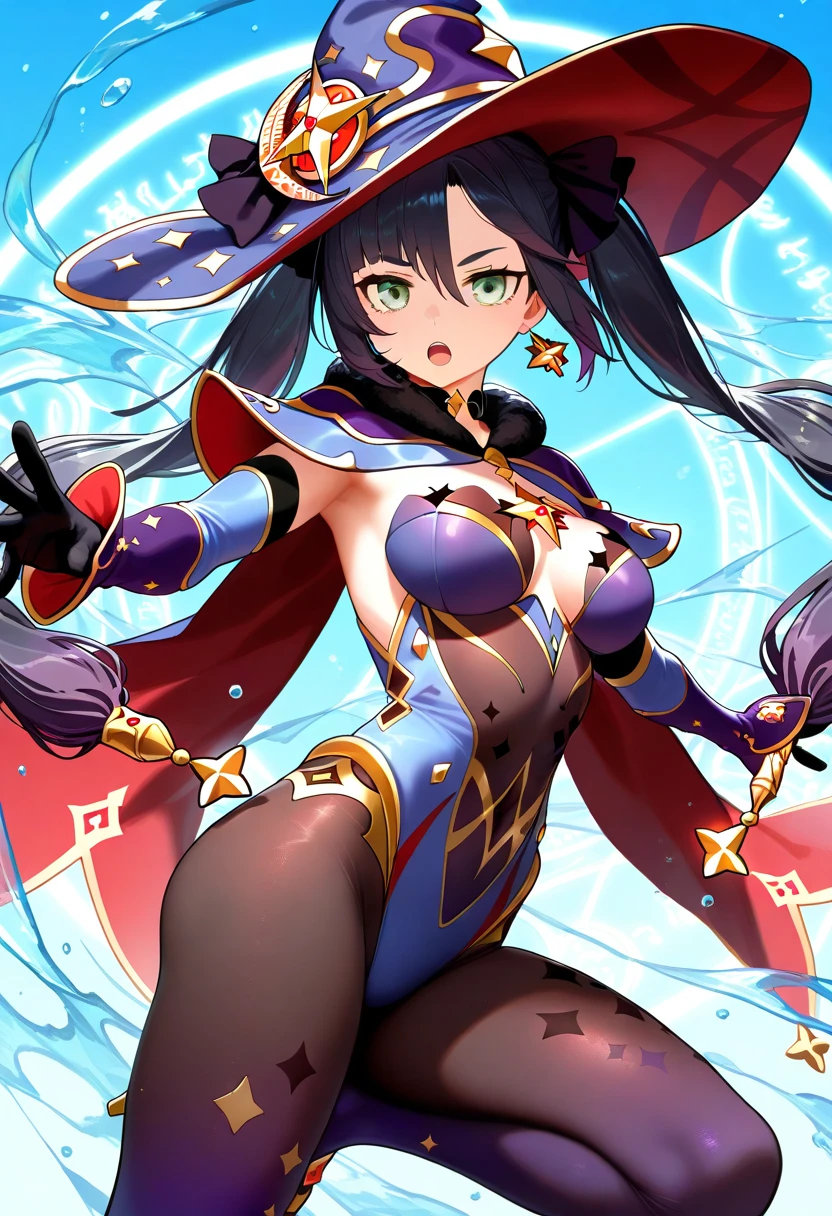 Best quality, Masterpiece, A high resolution, Solo, {Mona_Genshin:1.15}, Long_Hair, double tails, bangs, black_Hair, Breasts, Blush, Green_Eyes, Hat, jewelry, Star_\(symbol\), witch_Hat, Earrings, mediating_Breasts, 1girll, black_choker necklace, black_mitts, choker necklace, mitts, Armpits, Arms_Up, Bare_bshoulders, Covered_navel, Detached_Sleeves, tightsuit, parted_Lips, Aqua_Eyes, bodystocking, 鎖骨, Looking_at_peeping at the viewer, Pantyhose, Blue_tightsuit, cleavage, Gradient, Gradient_Background，stage，plays the guitar