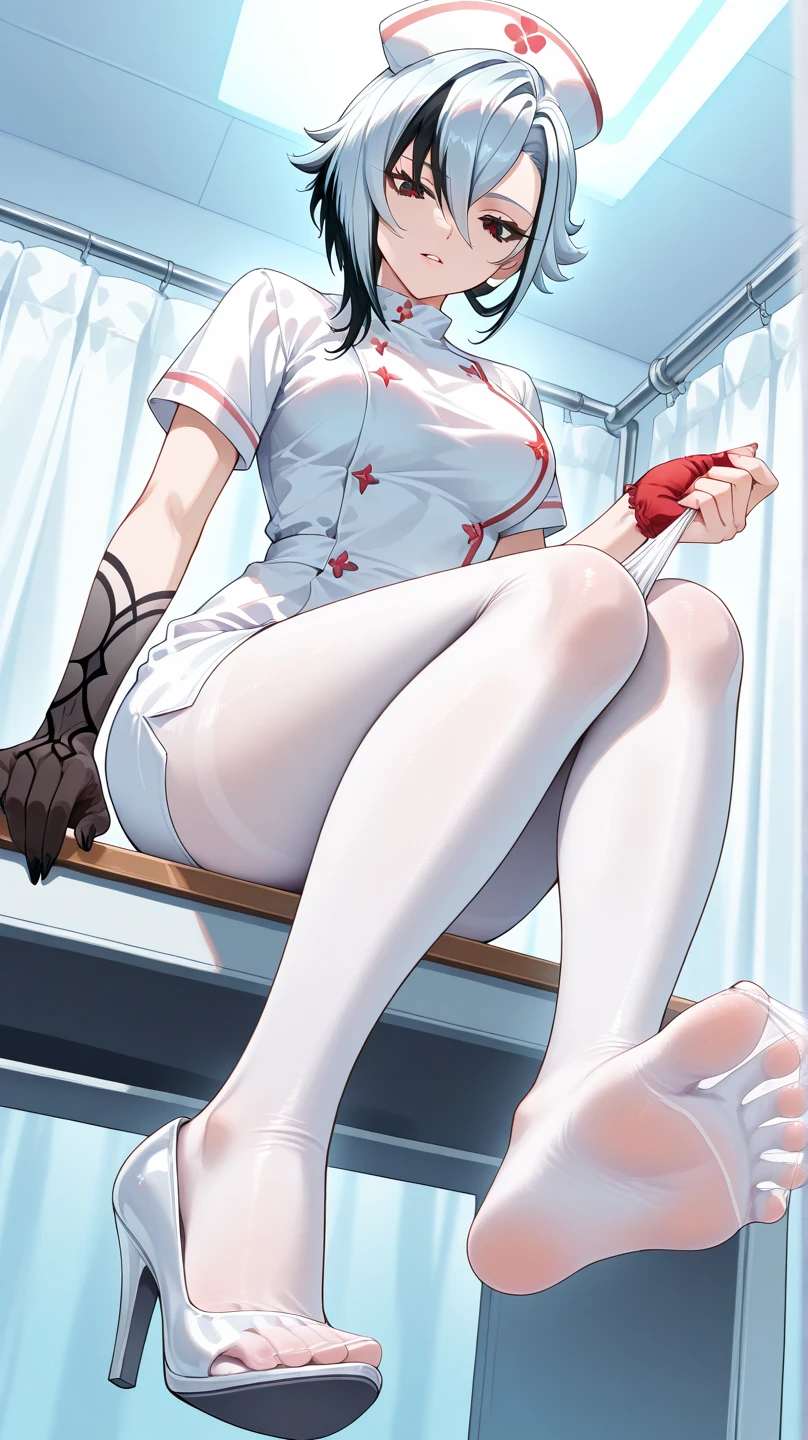 korean beautifull girl,18 years old,Pretty Face,Good shape,detailed picture, Seductive expression, blush,White long hair, Wearing nurse uniform,Soaked,Wear black garter stockings,No shoes, Wearing black boxing gloves,Black sleeves on arms, Sit in the boxing ring and stretch one foot forward,Large Breasts,Cleavage,Long legs,Thin waist,nipple,Camel toe