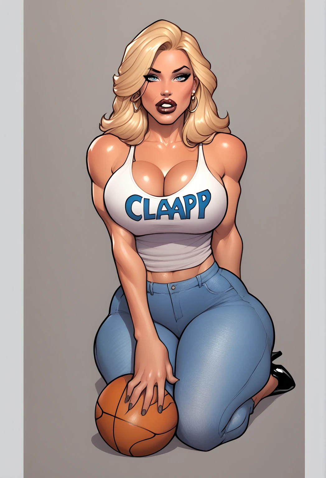 Young female, with blonde short hair, Blue eyes, wearing a tight blue tank top with a low neckline, Wearing black leggings that are tight to the body , comic style