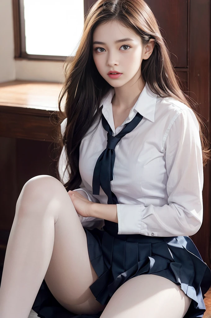 ultra realistic 8k cg, picture-perfect face, flawless, clean, masterpiece, professional artwork, famous artwork, perfect face, beautiful face, beautiful eyes, ((perfect female body)), solo,(immersive atmosphere, chiaroscuro:1.5,bright light:1.2,luminous lighting)
,,(blush:0.5),seductive expression,extremely detailed_eyes,thick thighs,large breasts,
beautifully detailed background,depth of field,realistic:1.3, long shot,1girl,shirt,pleated skirt, school uniform, sitting, full body, 
(ambient light:1.3),(cinematic composition:1.3),(neon lights:0.1),(HDR:0.1),Accent Lighting, white pantyhose,