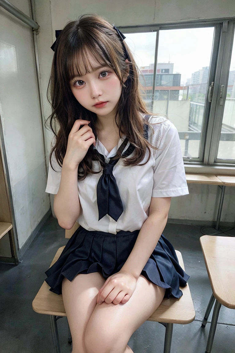 top-quality、hight resolution、ultra-detailliert、​masterpiece、Raw photography、realisitic、Photorealsitic、extremely delicate and beautiful、finely detail、1womanl、(Super beautiful)、(beauitful face:1.5)、Clear pubic contours、plump big breasts、Large breasts、Sit up、Spread your legs、(White panties that bite into:1.4)、Show off、(high-school uniform)、(Dark blue pleated skirt)、(Wear black socks)、She is sitting on a hotel bed with her legs open、moody expression、red blush