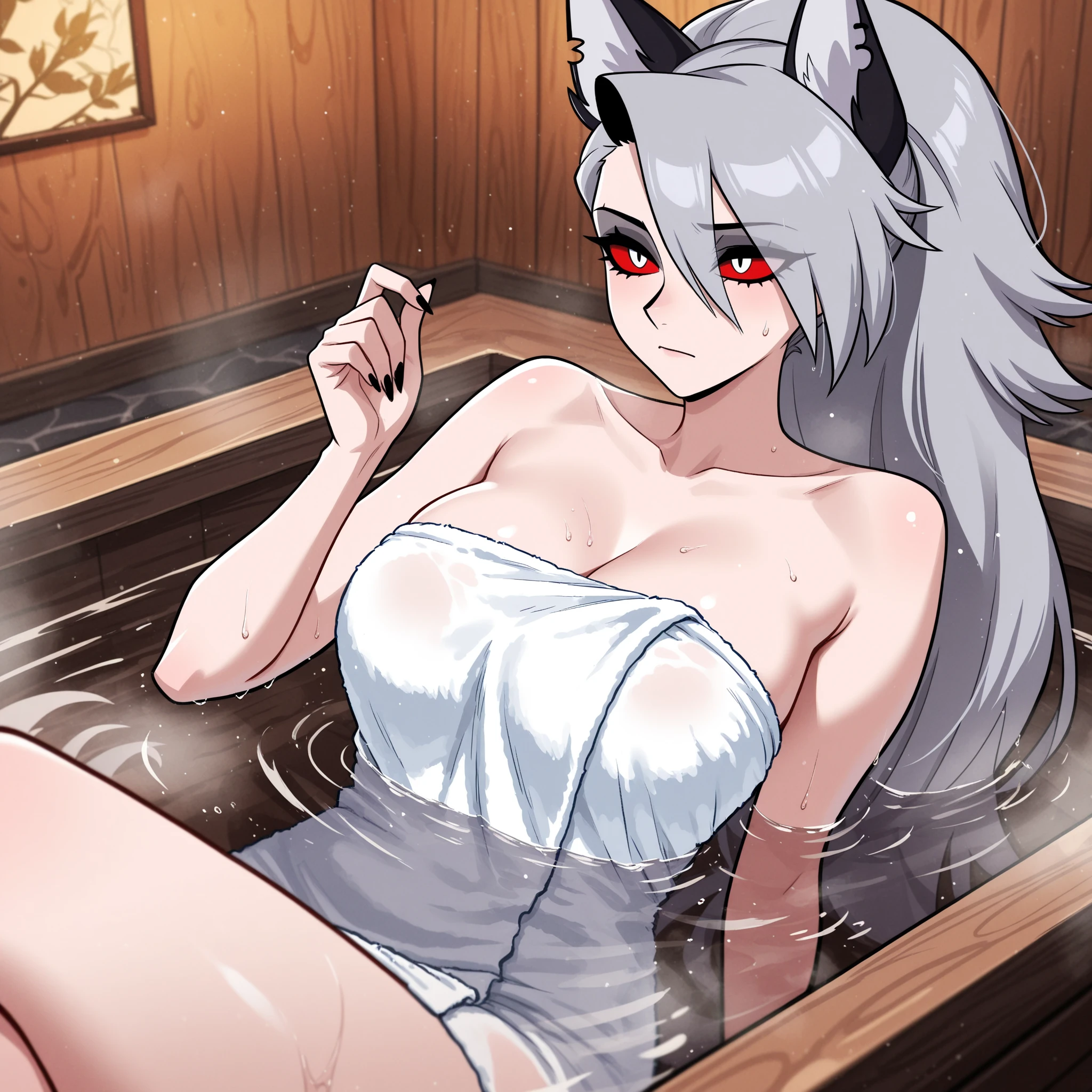 masterpiece、top-quality、1girl in。(bathrobe:1.2), white  hair,Red Eyes,(mare:0.8), (Fantastical:0.7), (A smile:0.8),fox ear,salon,wear bra, wear dress , wet clothes,wet hanging,salon, perfect body, perfect breast,((blush on: 1.2)),((fox-tails:1)), perfect big fox-tails, crop top, ((white legwear)),hair bobbles, tights, recumbent on the bed, hot, girl below, looking up,(( Wear dress)), white suit,((wet:1.3)), neckline, navel, t-shirt, ((bra)), clothes lift, tights, perfect face,((peeing:1.4)),wear pantie, perfect breast, perfect body,heart-shaped pupil