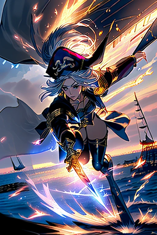 Create a character in the style of One Piece, very powerful, with a hat and a sword