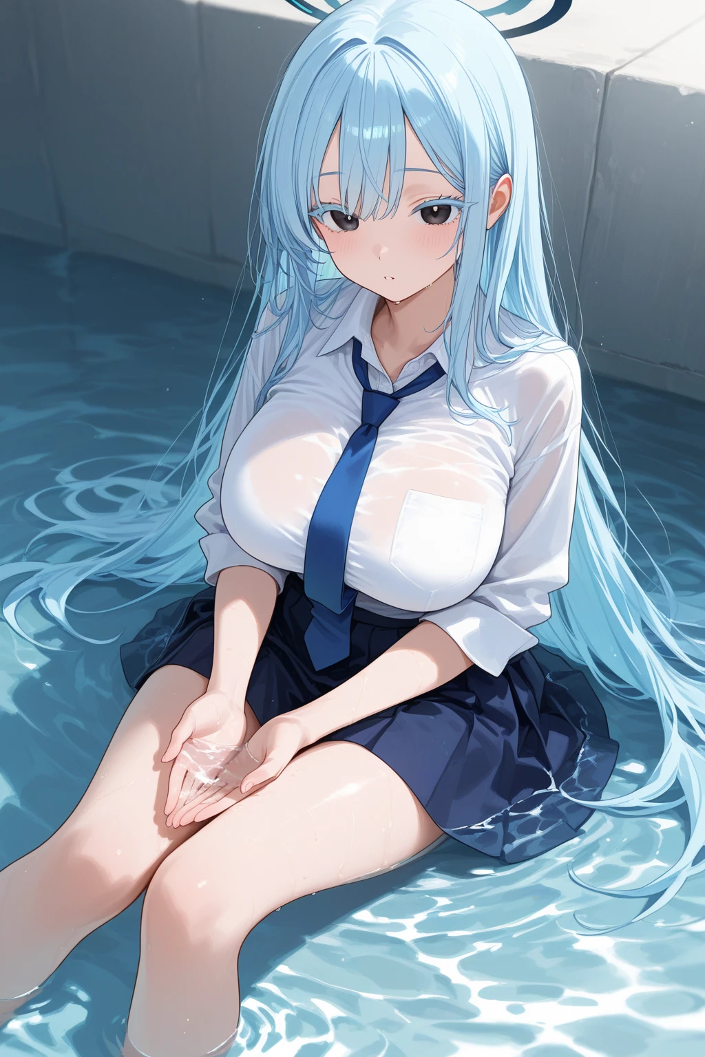 hiten kei style, suzuya_\(kancolle\), detailed background, masterpiece, hyper realistic, realistic skin, best quality, 1girl, rooftop, large breasts, huge nipples, erect nipples, looking at another, topless, full body, vector illustration, nipples, light smile, blunt bangs, long hair, hairpin, stomach, navel, bare shoulders, green hair, laundry, dock, lighthouse, sea, breakwater, soaked, wet body, plaid skirt, raining, storm, gray sky, sweaty, raining, stockings, smiling