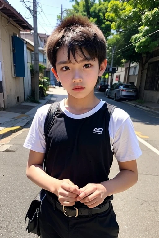 （（middlebreast，chinese 8 year old boy，small heads）），sunlights，rays of sunshine，（Well-defined：1.1），（perfect bodies：1.1），（Short wave hair：1.2），black hair，，，Upper body photo，crowding street，dressed in a white t-shirt，（（black tigth shorts）），（Extremely detailed CG 8k wallpaper），（Extremely refined and beautiful），（tmasterpiece），（best qualtiy：1.0），（超A high resolution：1.0），beautiful light up，perfect lightning bolt，realistic shaded，[A high resolution]，Delicate skin，ultra - detailed