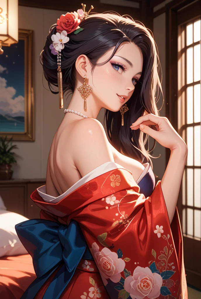 (((8k wallpaper of extremely detailed CG unit, masterpiece, 超A high resolution:1.2, top-quality:1.2, masutepiece, textures and maximum detail))), ((extremely beautiful lady, seductively smiling, A dark-haired, Sexy white kimono with red obi)), ((extremely detailed beautiful face, Highly detailed black eyes, Very beautiful body, Top quality real texture skins)), (wetted skin, Exposed cleavage, Exposed shoulders and legs), The best lighting, 细致背景, paper lanterns:1.2, florals, natta:1.2, bamboo forrest, hyper realisitic, digitial painting,