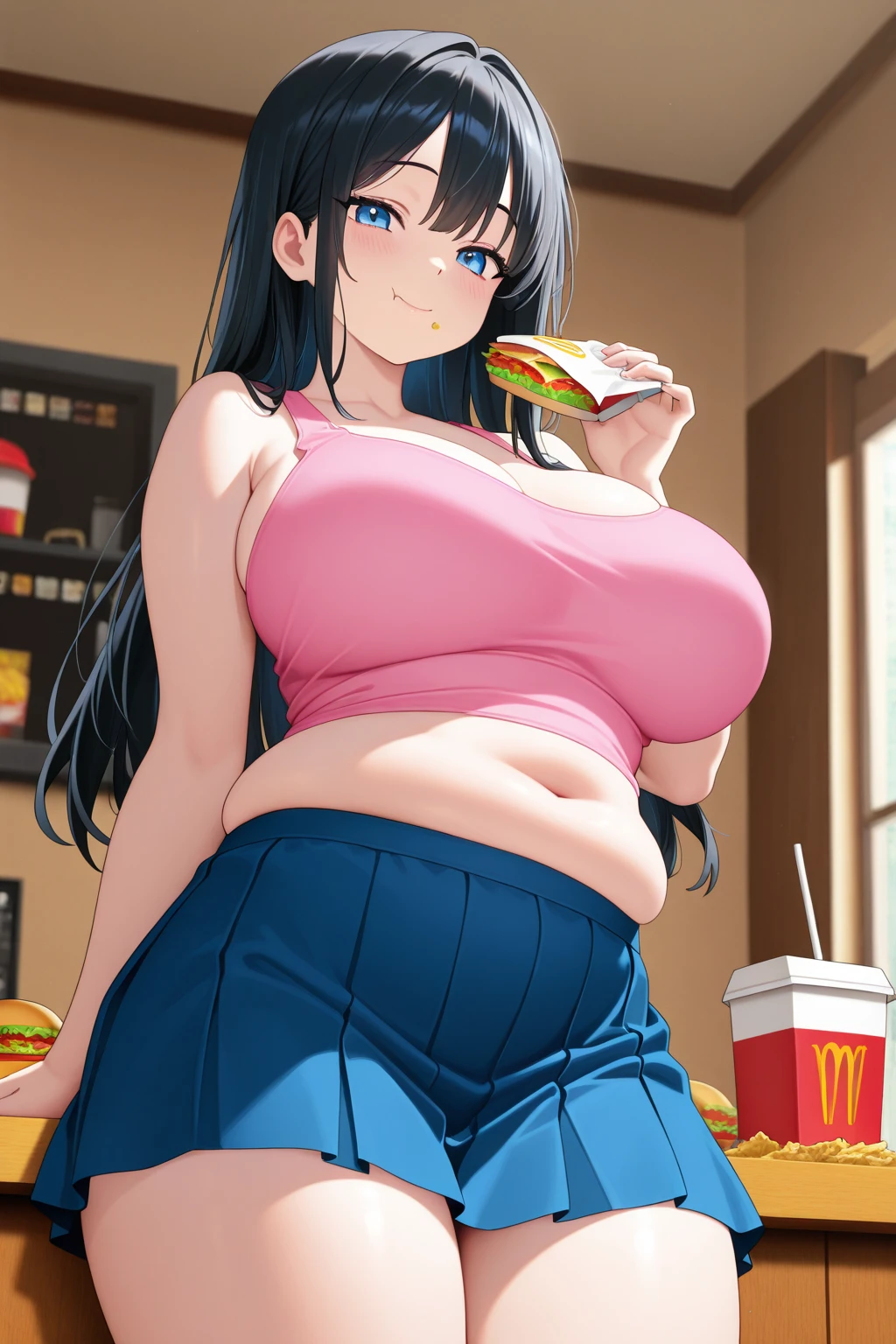 ((highres)), Masterpiece, high quality, best quality, beautiful, perfect lighting, detailed face, ultra cute face, ((1girl)), ((solo)), brown hair, green eyes, jeans, white tank top, tight clothes, fast food restaurant, medium breasts, perky breasts, cleavage, ((wide hips)), ((thick thighs)), ass, ((chubby)), pudgy belly, fat folds, standing,