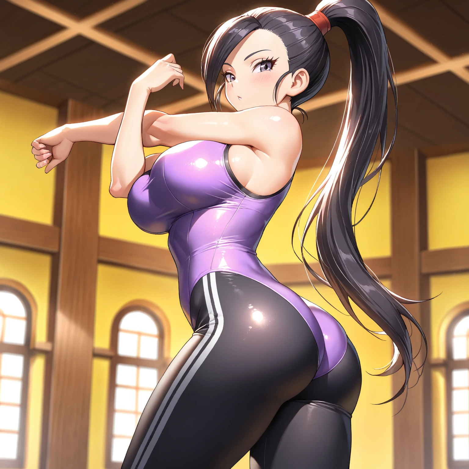 masterpiece), best quality, purple, expressive eyes, , purple perfect face,, hot, sweating, sweaty, tan, big , tan skin, blush, ,girl,(Gymnastics leotard,Tight leotard,length_Leotard ,expensive_Leg leotard,athletic leotard),Audience reaction,thin,Huge Breasts:1.2,expensive school,Gym,Gymnastics Club, black hair, curvy woman pponytail, purple curvy woman, curvy, massive breasts,curvy milf, gymnastics one woman, leotard, back view, view from tge back, huge ass, huge booty