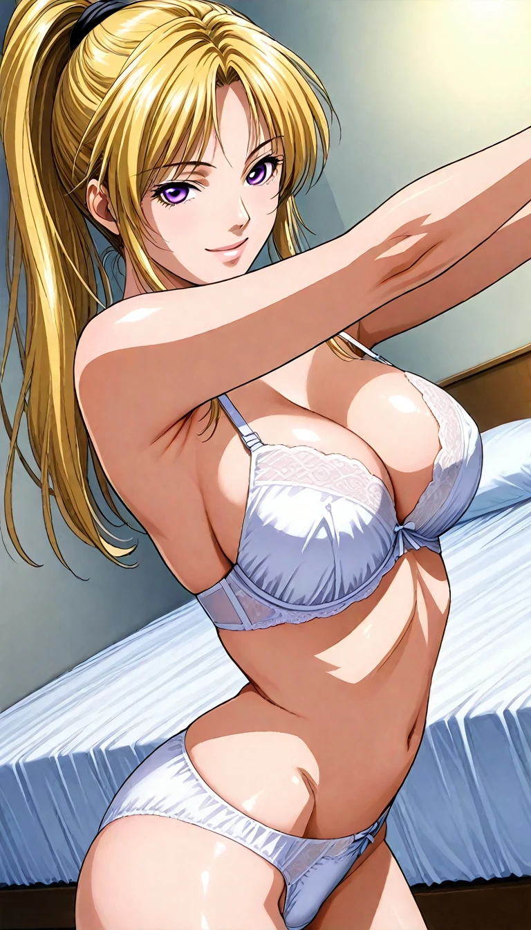 (masterpiece, best quality:1.2), 1girl, crawling in a bed, blonde, long hair, horny, blue pajamas,blue pajamas short bottoms, sexy pose, open legs