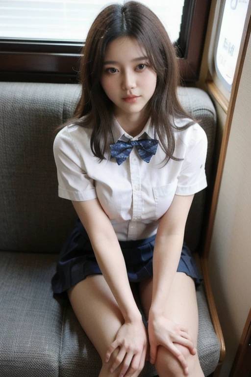 High angle shot, arafed asian woman in a short skirt and bow tie sitting on a train, cute schoolgirl, japanese girl school uniform, wearing japanese school uniform, japanese school uniform, a hyperrealistic schoolgirl, dressed as schoolgirl, hyperrealistic schoolgirl, wearing school uniform, realistic schoolgirl, girl wearing uniform, wearing a school uniform, of a schoolgirl posing, full body, nice skin, glowing skin, nice thighs,glowing thigh, glowing legs, barefoot