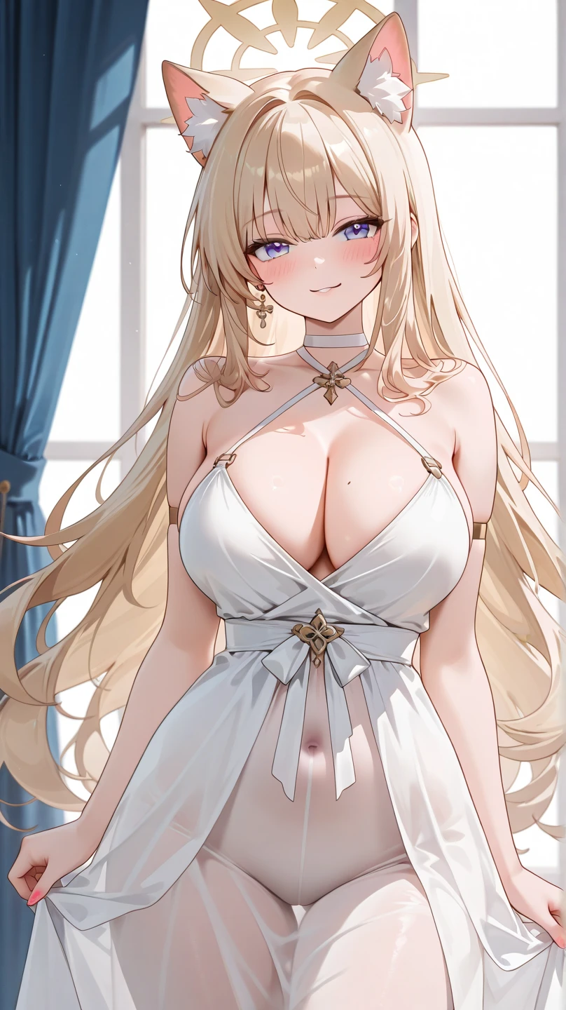 Adult Woman, Highly Detailed Anime Style, blonde, blue eyes, pearl earrings, bare shoulders, bare legs