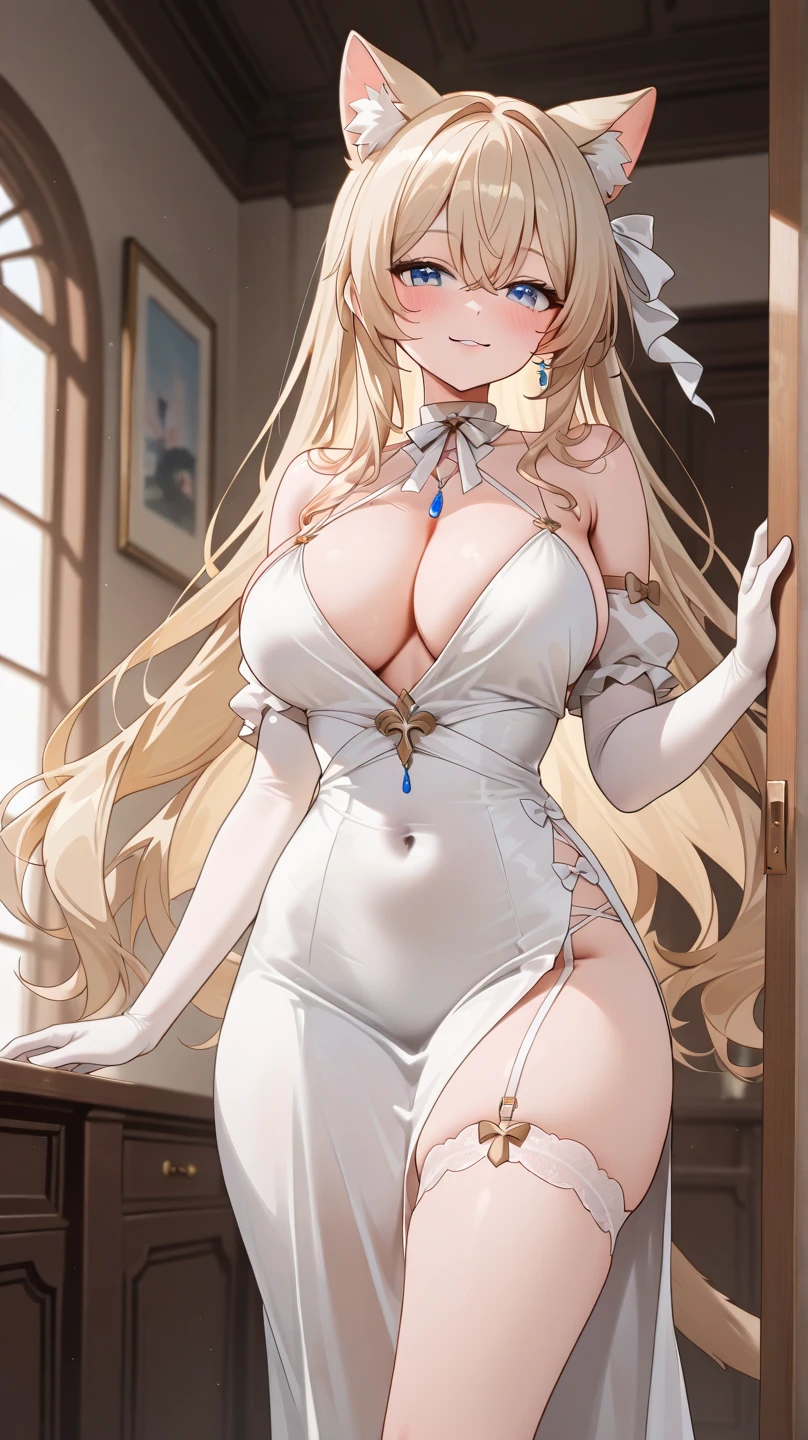 girl,Large Breasts,long hair,Topless,Bow,Blonde Hair, Purple Eyes, Cleavage,Large Breasts,whole body,NUDE