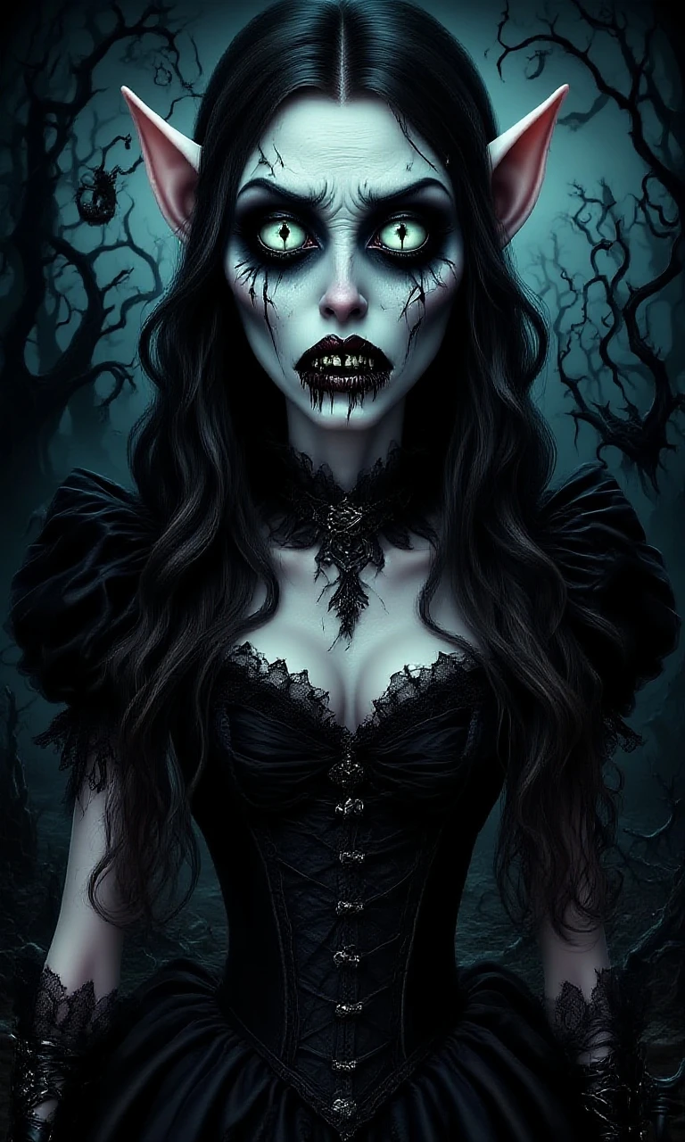 a photo of Cassandra Peterson as Elvira Mistress of the Dark, (ElviraMistress:1.0), in Transylvania, Transylvania castle, deep night, full moon, graveyard, cemetery, tomb stones, skulls, bones, creepy fog, flying bat, detailed eyes, detailed makeup (ElviraMistress), detailed face, intricate details, HDR, raytracing