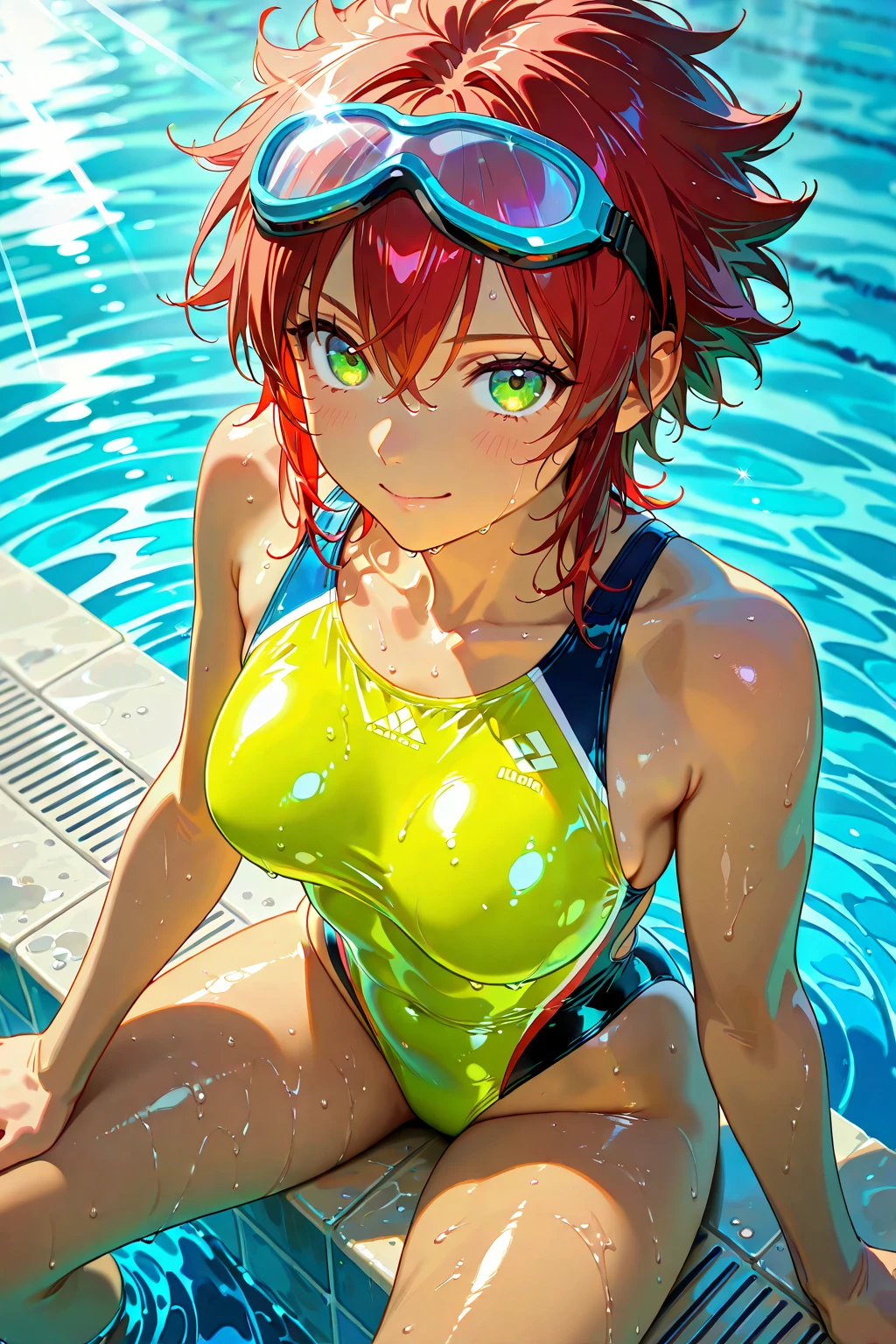 １girl、fine skin、Glossy skin、sexy、Kirby、small breasts、waist、grin、cowboy shot、Red tiny micro bikini、sweaty、show your neck、swimming pool、green eyes、orange hair、pixie cut、sitting