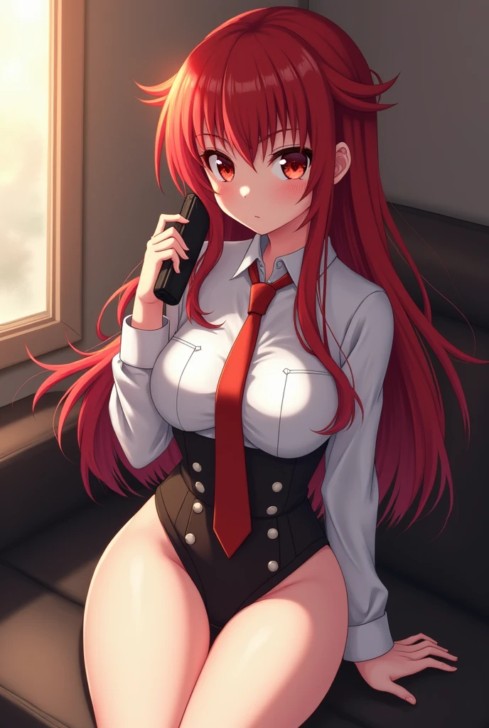 Best quality, 1girl, alone, mio naruse, (hair_down: 1.3), length_hair, Right_hair, white shirt, cleavage, short black skirt, black pantyhose, looking at viewer, open shirt, red bra with black lace, Right, red_hair, eyes red, low cut, seductive, smiling, big breasts, medium waist, wide hips, medium thighs, perfect anatomy, perfect hands