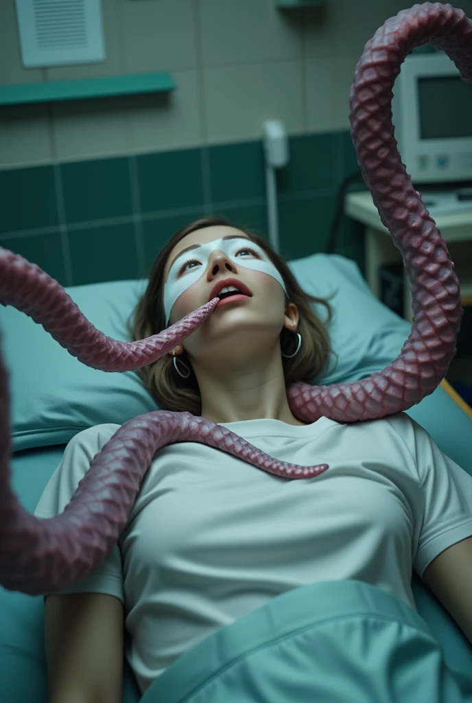 (extremadamente detallado, obra maestra, La mejor calidad), Estilo oscuro, intense illumination, rostro con arrugas, lengua larga, tentacle, deforme, monstruoso, interior de una piscina de agua verdosa, imagen submarina, alien con Colmillos finos, pico de pulpo amenazante. manchas de tinta. Rococo composition. Luz de caravaggio