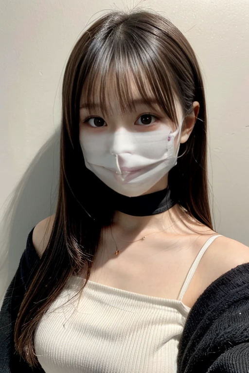 Shortcuts、((Please wear a black long sleeve top))、Very obscene、((Selfie style in my room)),((student))、((Very young))、((very cute))、((So adorable))、((Please wear a black non-woven mask....)),highest quality, masterpiece, Ultra-high resolution, (Realistic:1.4), RAW Photos, Very detailed, Perfect Anatomy, 1 girl, 18-year-old, Famous idols of Japan, Front view, Crotch close-up,, ((Accentuate your breasts))