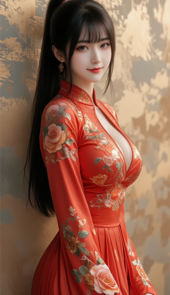 1 beautful korean woman, brown hair, long hair, a naughty expression, extremely detailed, (((red chinese dress))), ((spread legs)), (big breast), masterpiece, high quality, best quality