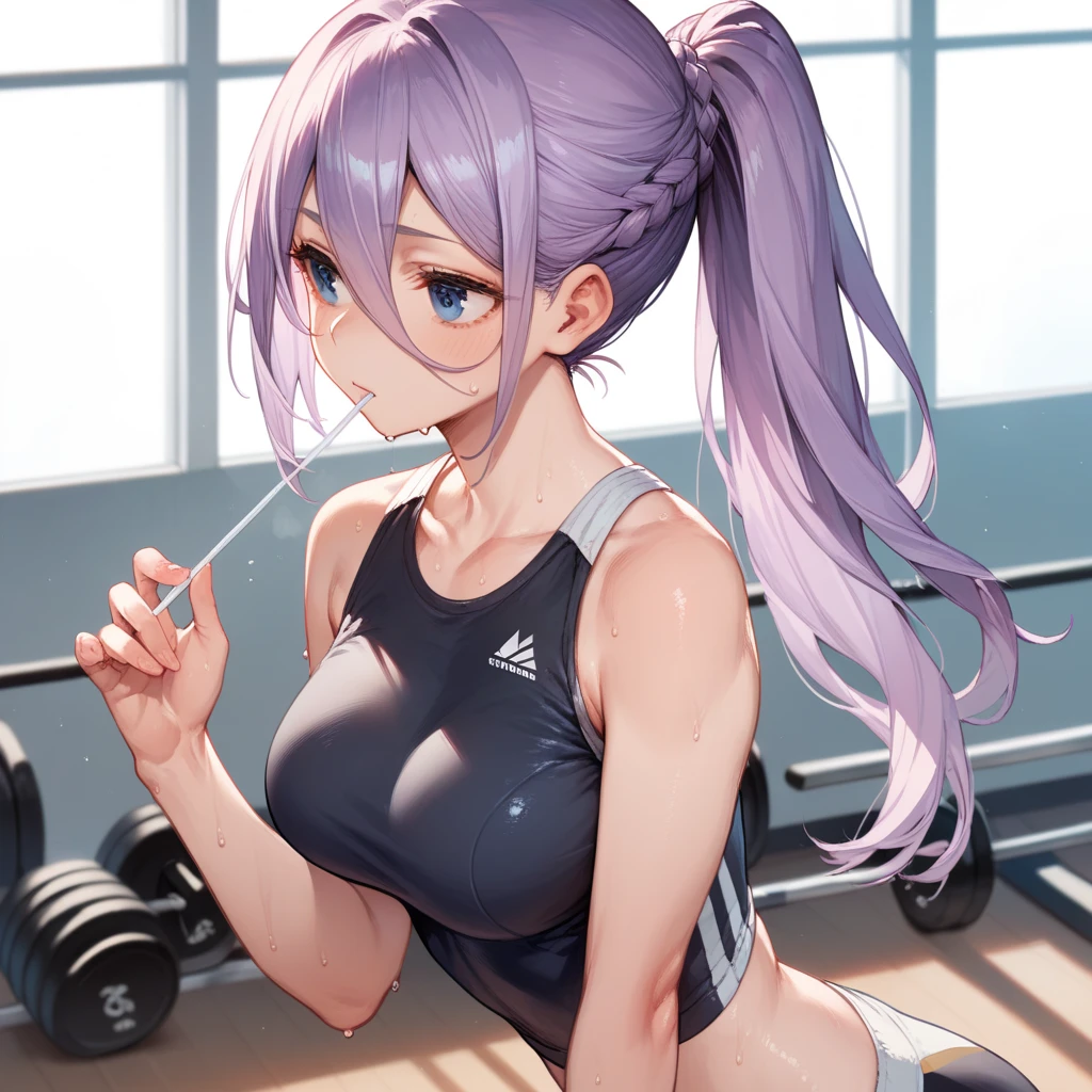 Best Quality, Masterpiece, Portrait, Perfect ???????, Femininity, Cool, Flawless, One Woman, Solo, Sexy, Stylish, Mature, Purple Eyes, Long Light Pink Hair, Big Breasts, Girl at the Gym, Water Drops, Sweat, Wet, abs, dumbbells, gym, sexy sports outfit, wet nipples, cutout top, big breasts