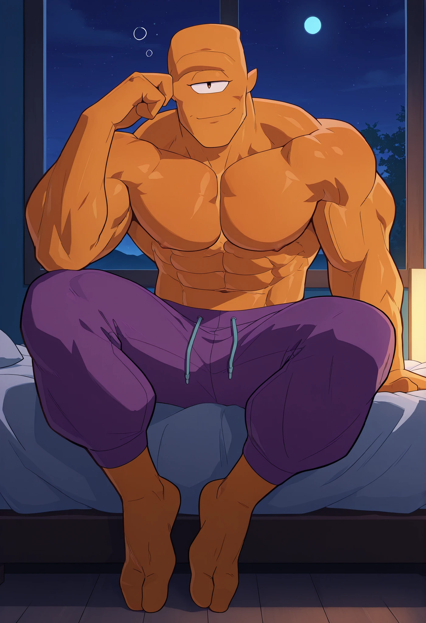 adult male, machoke, solo, sitting in an couch with crossed legs, nude, smirk, smug,
