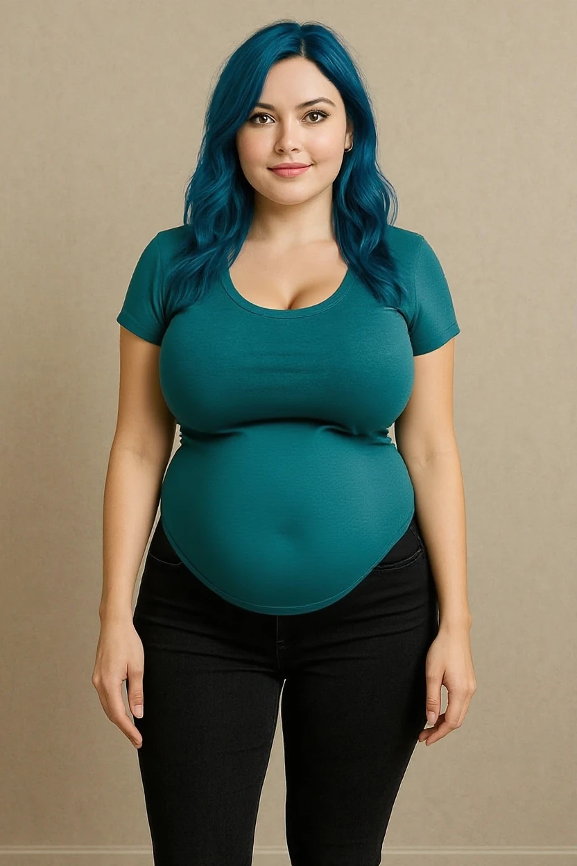 Masterpiece, best quality, 1girl, solo, 23 years old, adult, teal and green hair, aqua eyes, voluptuous, toned, 167cm, pale skin, glasses, seductive expression, olive green tshirt vneck, jeans, cleavage, (huge pregnant)