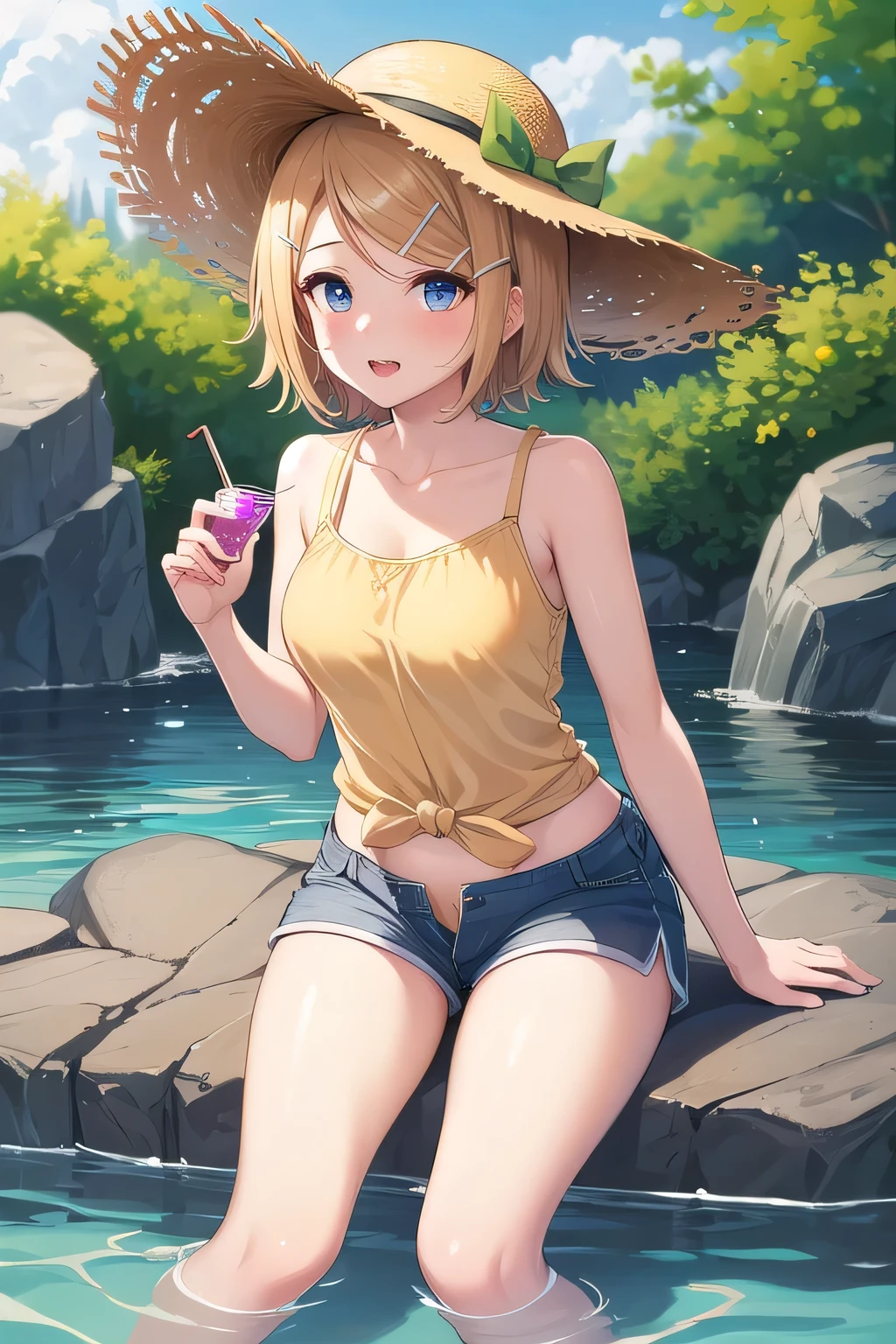 mesa, mejor_calidad, 1 chica en, Solo, Fiobacterium, gafas redondas, tiene, gorra de beisbol, el bikini, Bosques densos, river, jugando en el agua