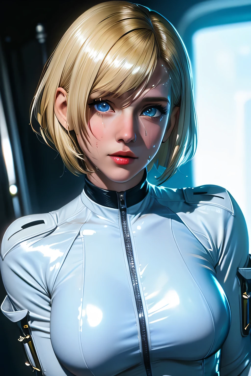 18 yo girl, white spider man suit, short blunt hair, blonde, beautiful face, rain, roof, masterpiece, intricate detail, perfect anatomy --auto --s2